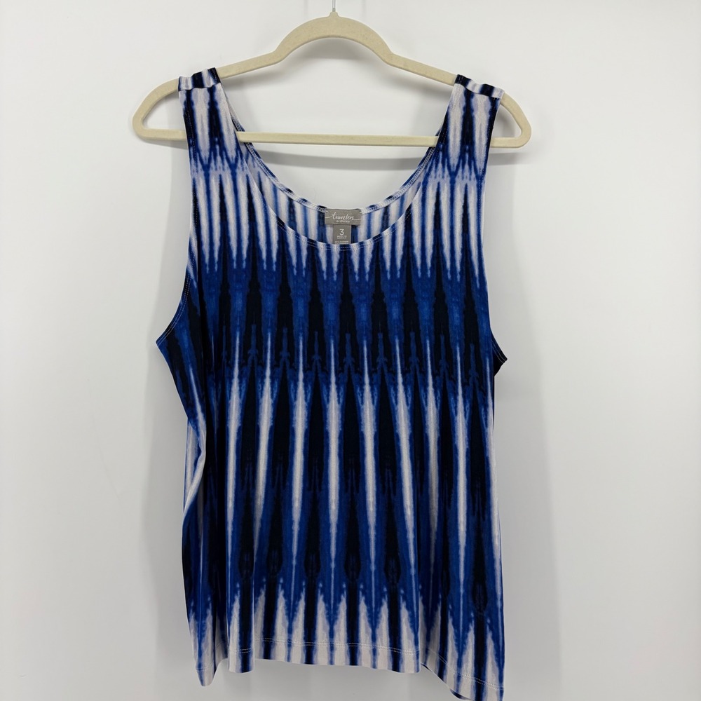 Chico's Travelers Size 3/US‎ XL Blue Ikat Tank Top Sleeveless Scoop Neck Stretch
